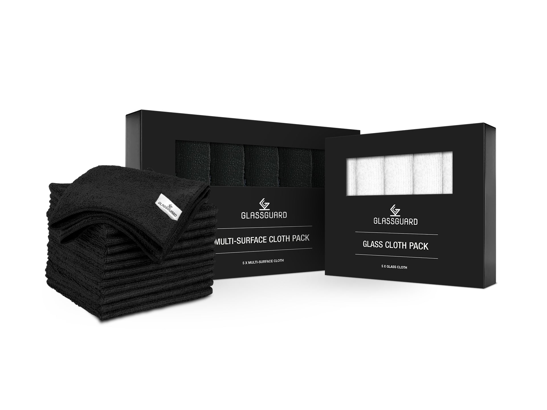 GLASSGUARD Ultimate Cleaning Cloth Bundle, a complete set of high-quality cloths for every cleaning task. Includes a 5-pack of multi-surface cloths for countertops and appliances, a 5-pack of glass cloths for streak-free shine, and a 20-pack of ultra-absorbent microfibre cloths for versatile use.