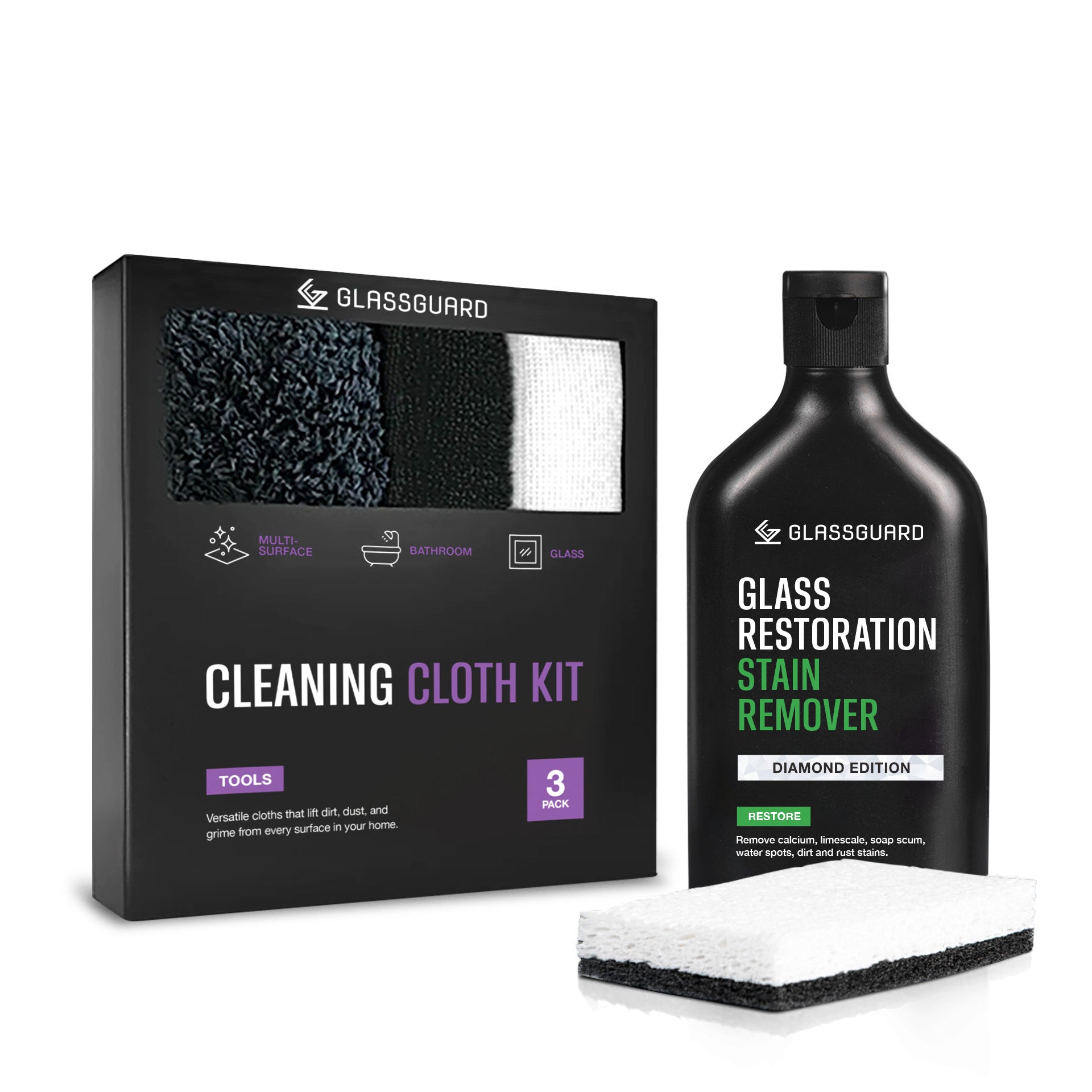 GLASSGUARD Glass Restoration Stain Remover Diamond Edition with Cleaning Cloth Kit, including microfibre multi-surface, bathroom, and glass cloths for cleaning glass and surfaces.