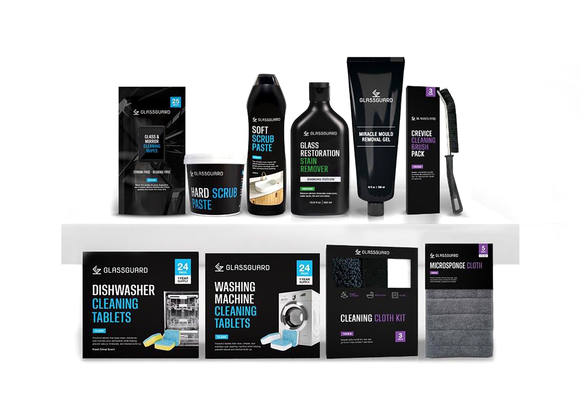 GLASSGUARD Complete Home Restoration Bundle with Miracle Mould Removal Gel, Glass Restoration Stain Remover, Soft and Hard Scrub Pastes, MicroSponge Cloths, Glass & Mirror Cleaning Wipes, Dishwasher and Washing Machine Cleaning Tablets, Crevice Cleaning Brushes, and Cleaning Cloth Kit for deep cleaning glass, mirrors, appliances, and surfaces.