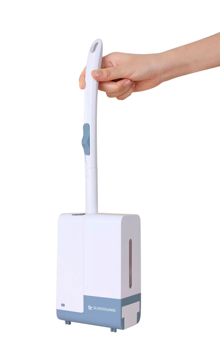 GLASSGUARD Disposable Toilet Brush - A sleek, wall-mounted storage box with a hygienic flushable brush head, designed for easy and sanitary toilet cleaning.