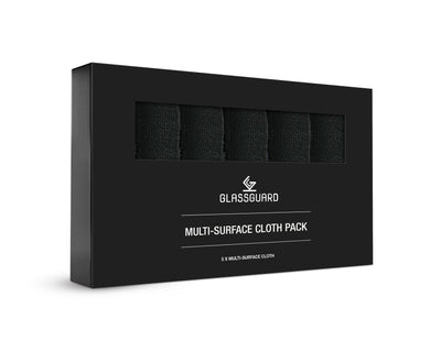 GLASSGUARD Multi-Surface Cloth Pack – A set of 5 durable, high-GSM, machine-washable cleaning cloths. Designed for tackling dirt, grease, and grime on all surfaces while being non-abrasive, hypoallergenic, and eco-friendly.