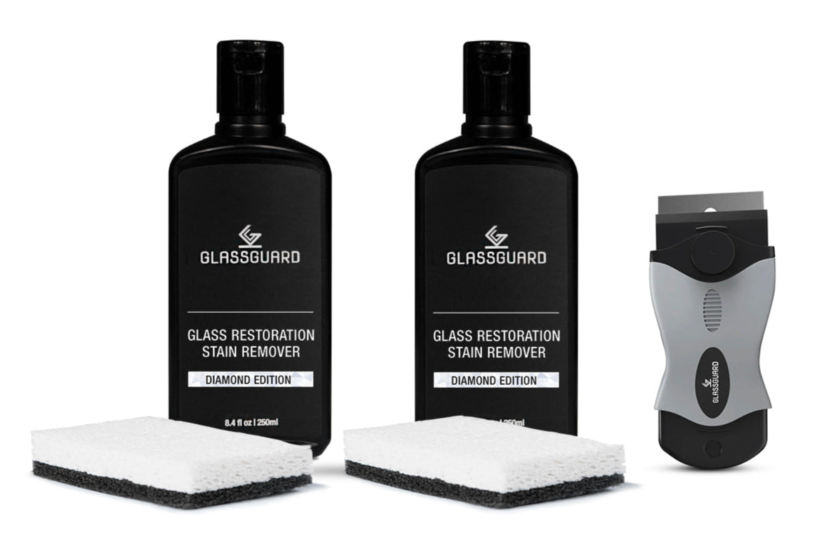 Glassguard glass restoration stain remover, cleaning sponges, and glass stain scraper