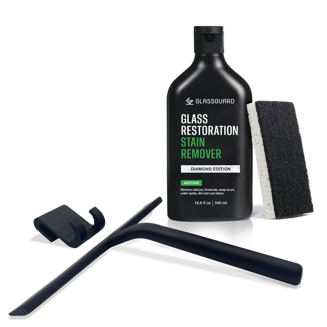 GLASSGUARD Glass Stain Remover + Black Silicone Squeegee Bundle with Glass Restoration Stain Remover Diamond Edition bottle and squeegee for removing hard water stains, soap scum, and mineral build-up from glass and smooth surfaces.