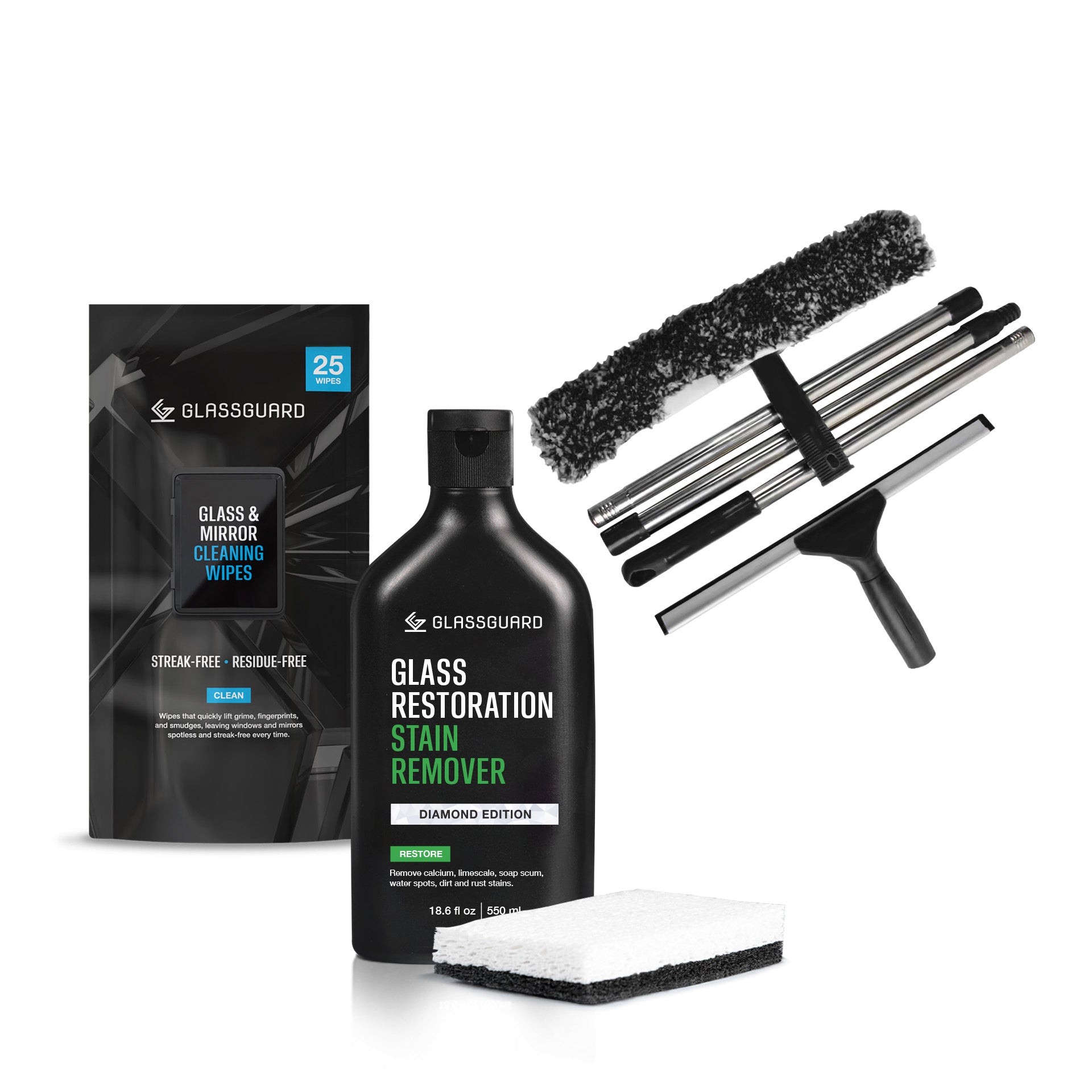 GLASSGUARD Sparkling Glass Bundle with Glass Restoration Stain Remover Diamond Edition and scourer, 25 Glass & Mirror Cleaning Wipes, and Window Cleaning Kit Standard Set with squeegee, microfibre head, wiper frame, and extendable handle for streak-free cleaning on glass surfaces.