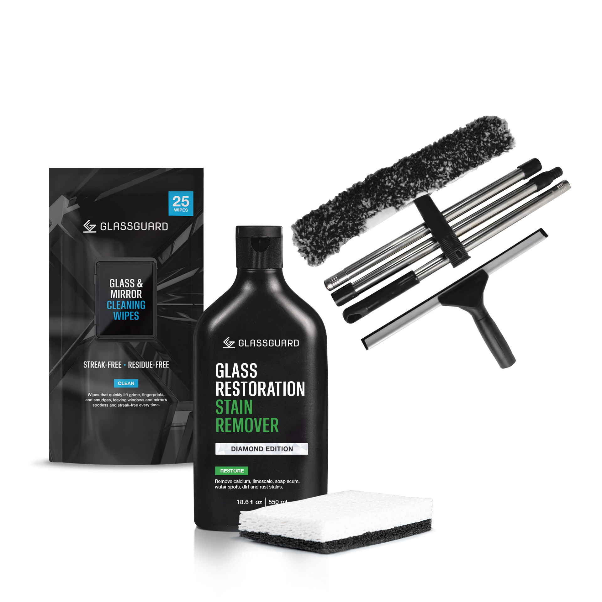 GLASSGUARD Sparkling Glass Bundle with Glass Restoration Stain Remover Diamond Edition and scourer, 25 Glass & Mirror Cleaning Wipes, and Window Cleaning Kit Standard Set with squeegee, microfibre head, wiper frame, and extendable handle for streak-free cleaning on glass surfaces.