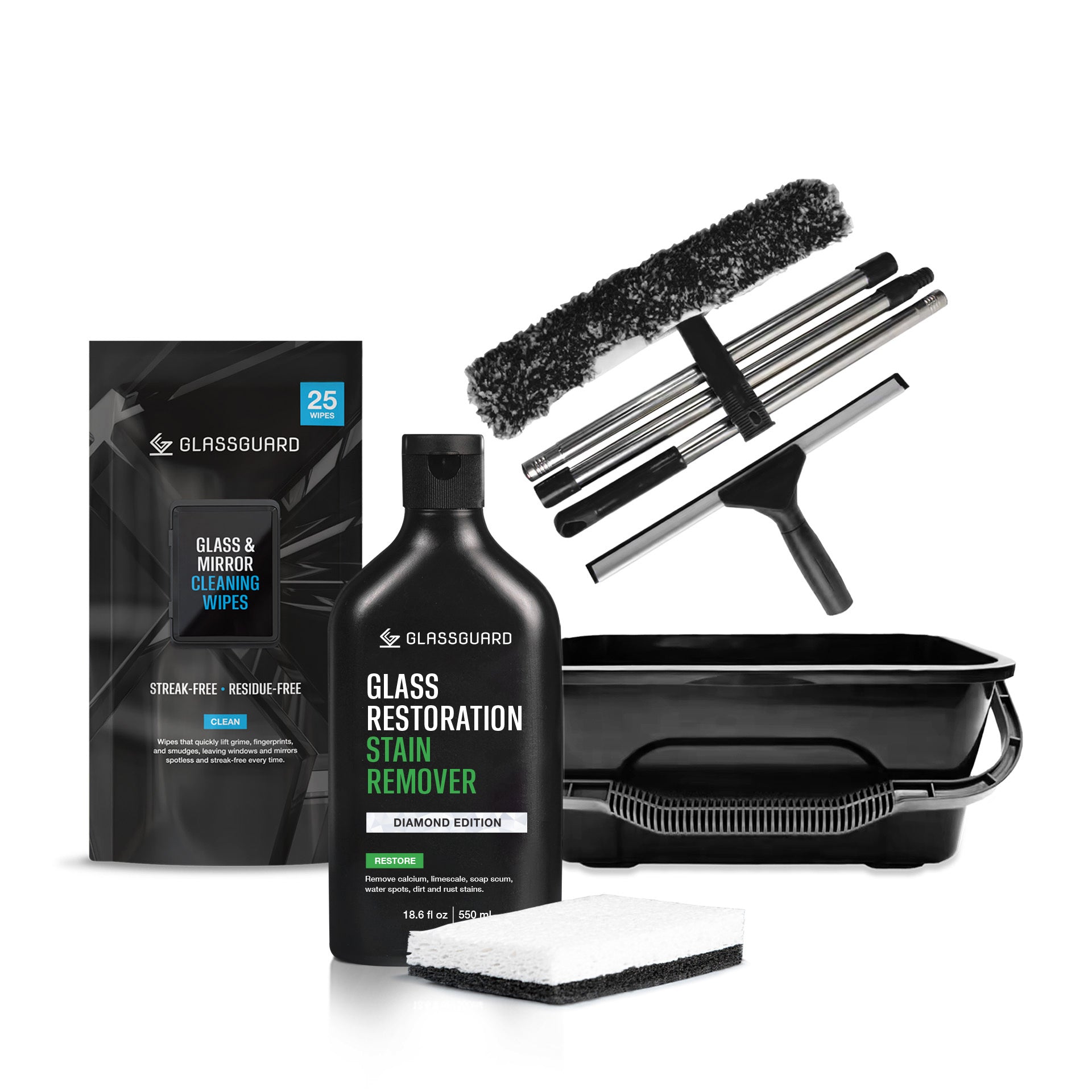 GLASSGUARD Sparkling Glass Bundle with Glass Restoration Stain Remover Diamond Edition and scourer, 25 Glass & Mirror Cleaning Wipes, and Window Cleaning Kit Complete Set including squeegee, microfibre head, wiper frame, extendable handle, and cleaning bucket for streak-free cleaning on glass surfaces.