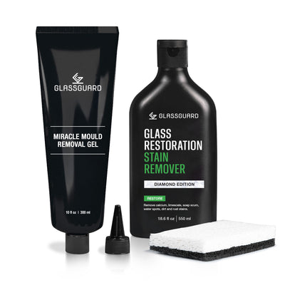 GLASSGUARD Glass Stain & Mould Remover Bundle with Glass Restoration Stain Remover Diamond Edition and scourer sponge, and Miracle Mould Removal Gel with targeted nozzle for mould removal.