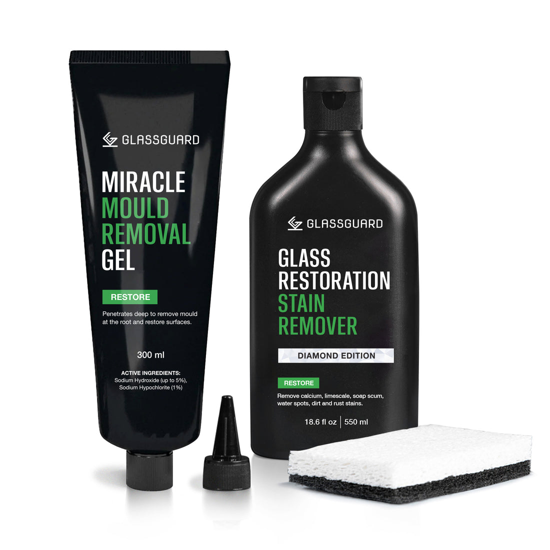 GLASSGUARD Glass Stain & Mould Remover Bundle with Glass Restoration Stain Remover Diamond Edition and scourer sponge, and Miracle Mould Removal Gel with targeted nozzle for mould removal.