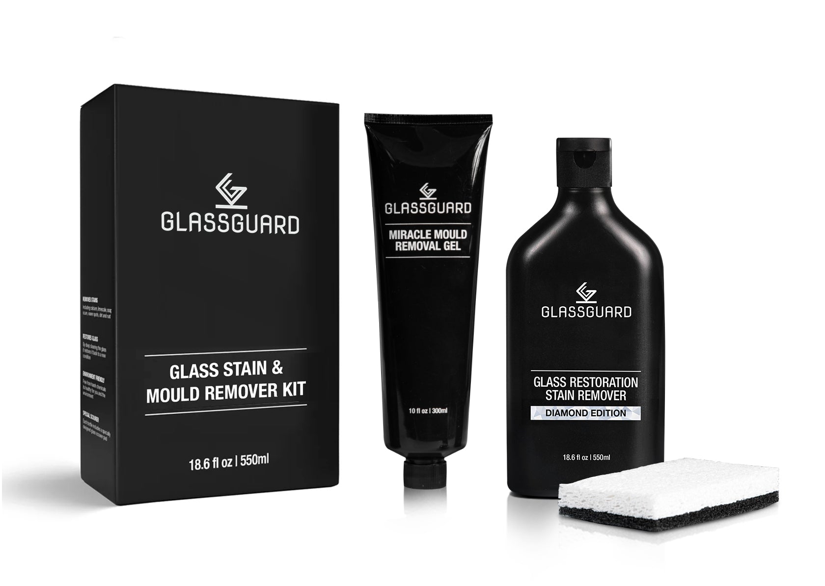 GLASSGUARD Glass Stain & Mould Remover Bundle - Includes Glass Restoration Stain Remover Diamond Edition and Miracle Mould Remover Gel. Environmentally friendly formula tackles hard water marks, grease, mineral deposits, limescale, and mould for sparkling, hygienic surfaces.