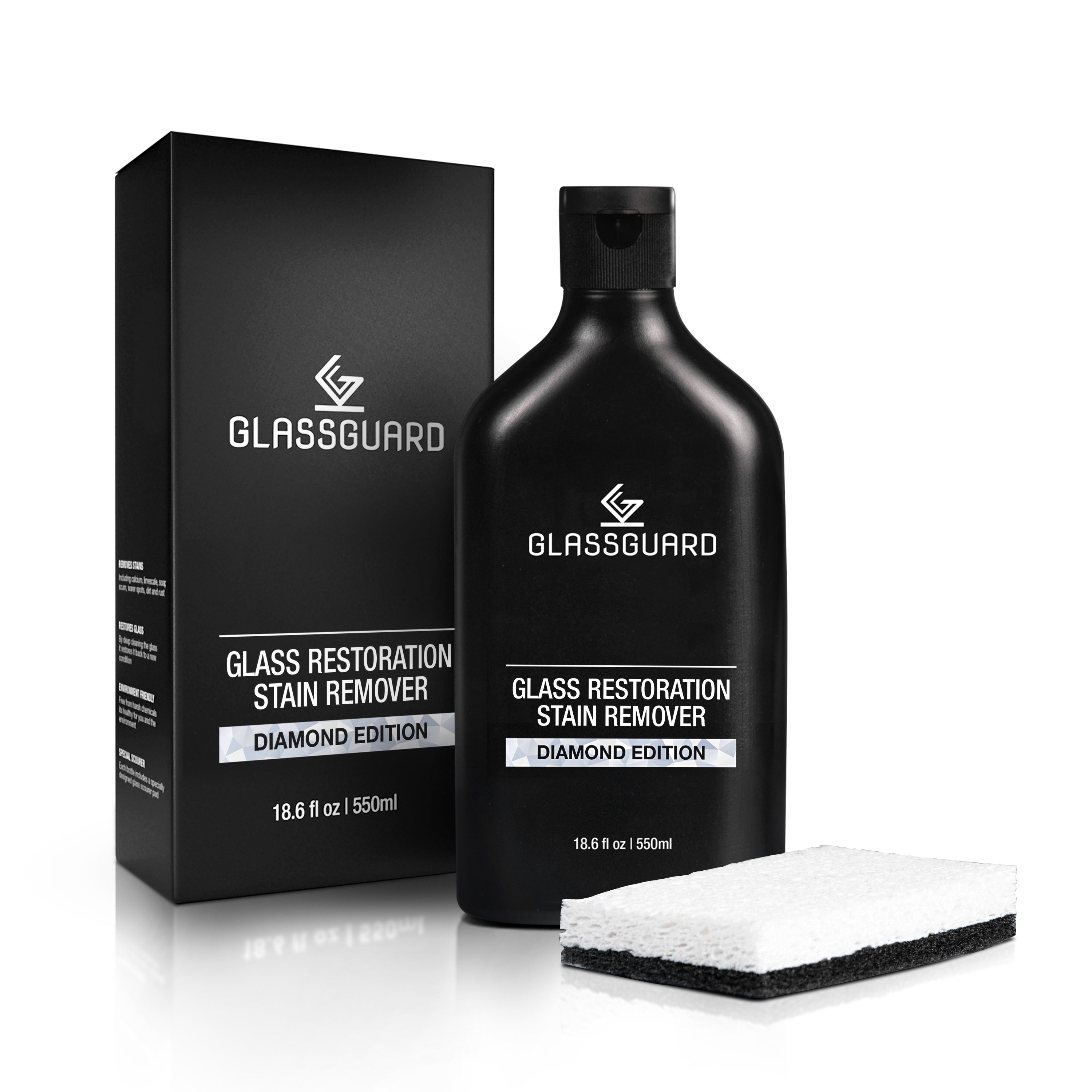 GLASSGUARD Glass Restoration Stain Remover Diamond Edition - Powerful stain remover for tough water stains, mineral deposits, hard water marks, and soap scum. Restores glass surfaces to original shine and clarity for a spotless, sparkling clean home.