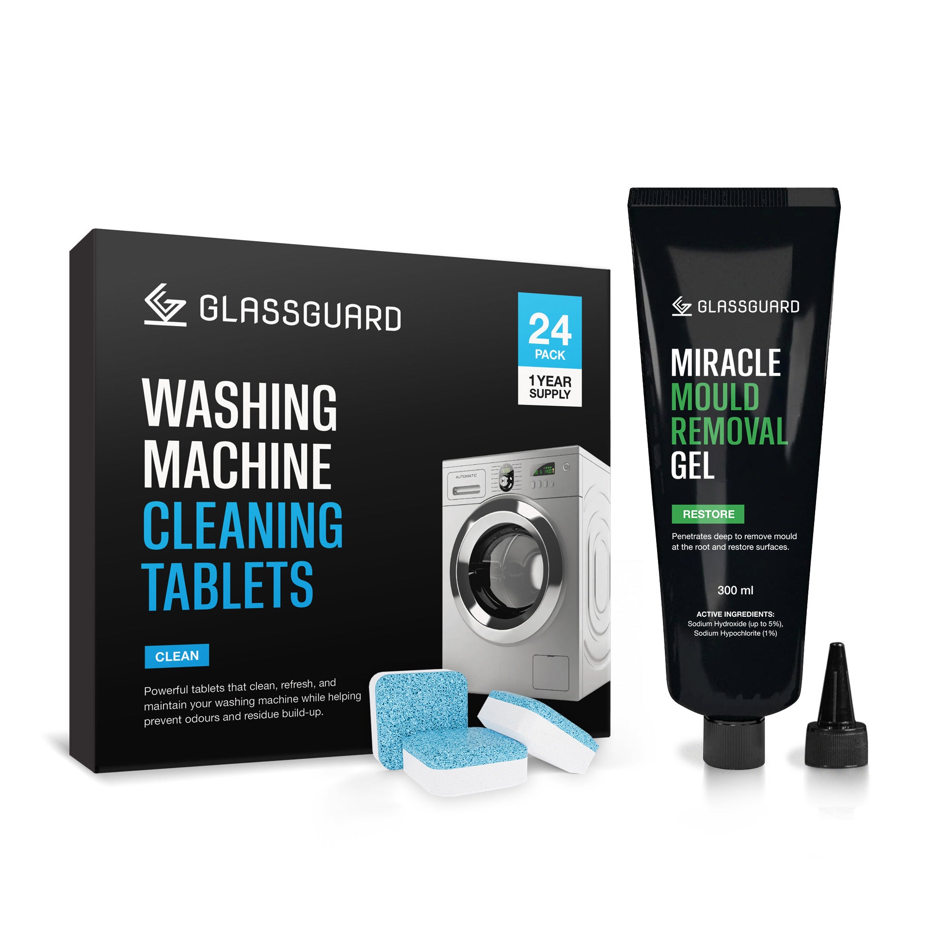 Give your washing machine a deep clean with the GLASSGUARD Washing Machine Tablet and Mould Remover Bundle that tackles mould, grime, and odours and helps keep your washing machine clean long-term.
