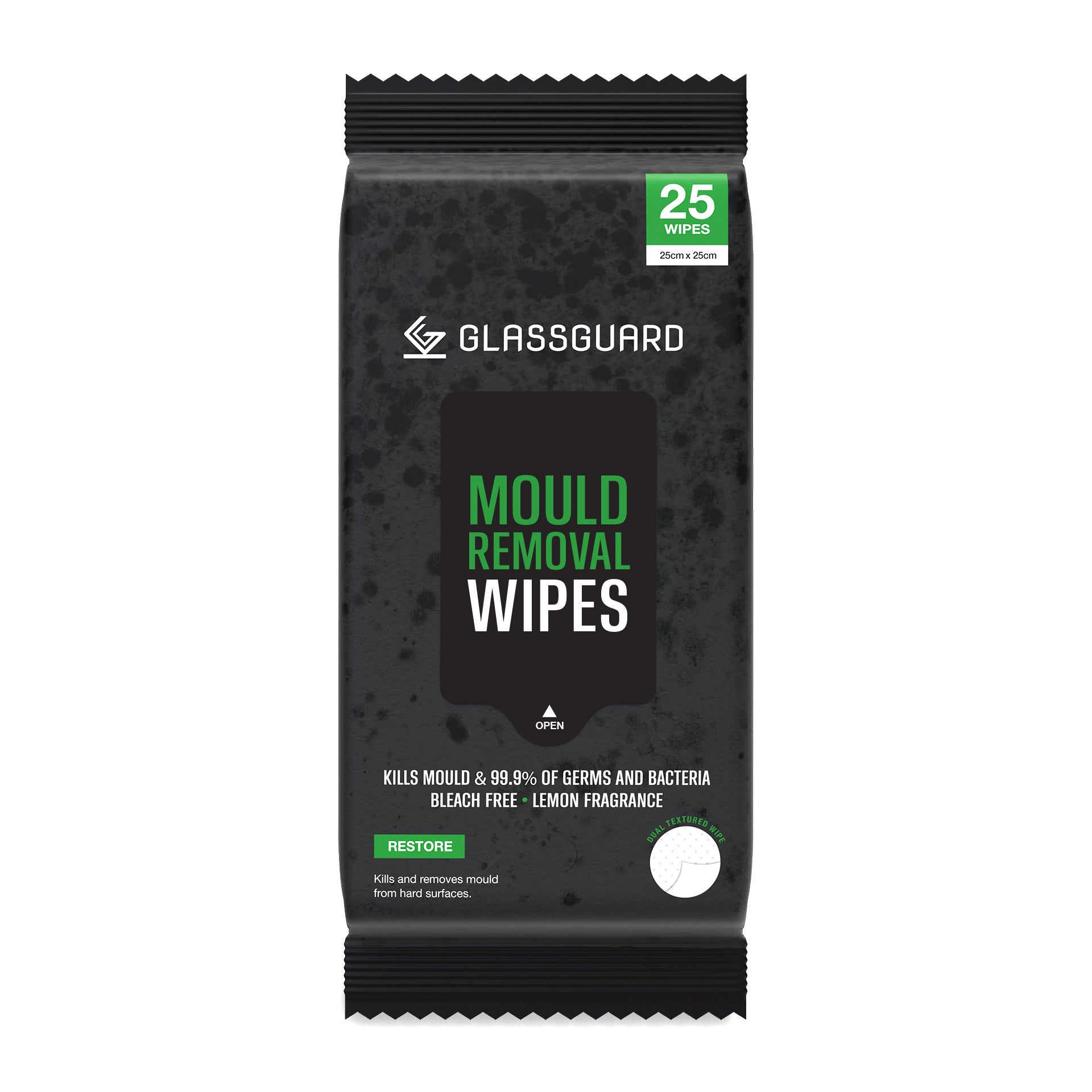 GLASSGUARD bleach-free mould remover wipes that kill mould, germs and bacteria. 