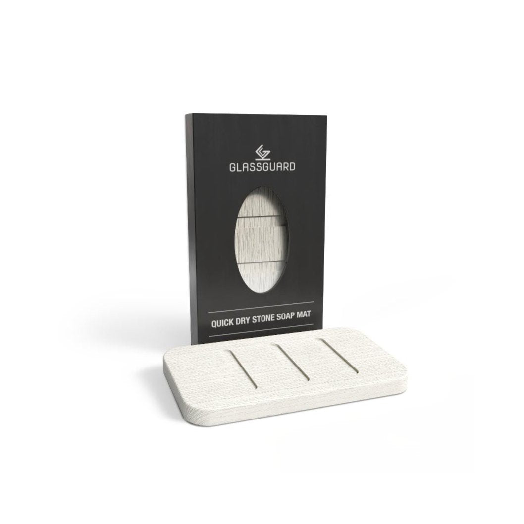 GLASSGUARD Quick Dry Stone Soap Mat – A sleek, natural stone mat designed to keep bar soap dry and free from slimy residue. Quick-drying, mildew-resistant, and perfect for humid environments. Ideal for bathrooms and kitchens. (Size: 13 x 8 x 0.9 cm).