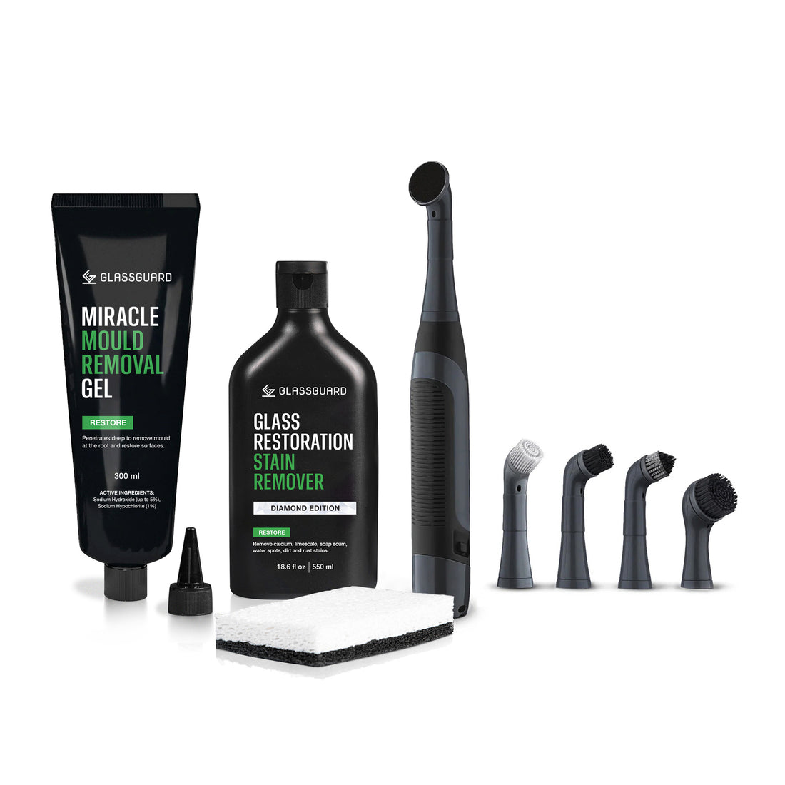 GLASSGUARD Miracle Mould + Glass Restoration + Mini Electric Scrubber Bundle with Miracle Mould Removal Gel, Glass Restoration Stain Remover Diamond Edition bottle, and Mini Electric Scrubber for removing mould, hard water stains, and grime from surfaces.