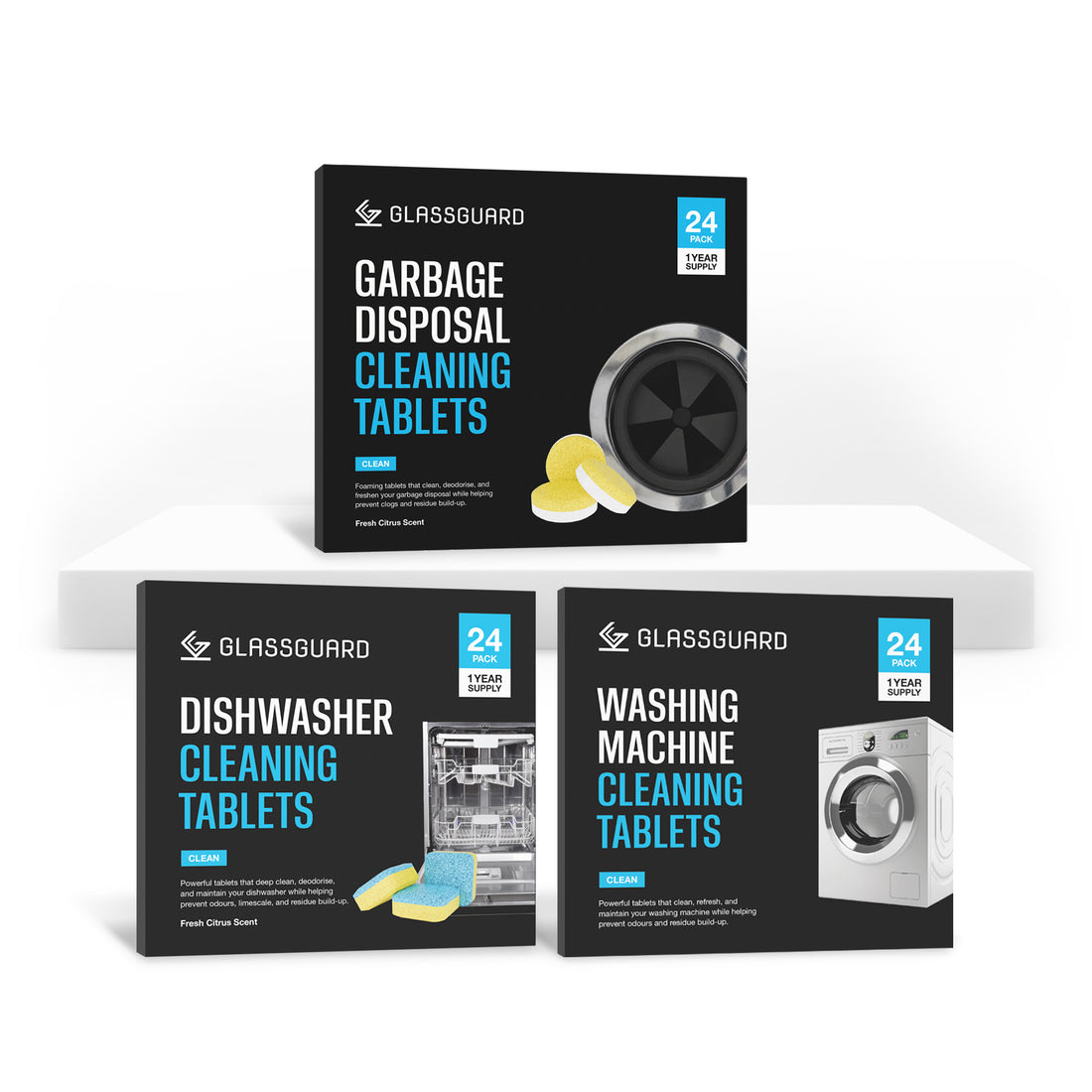 Home Appliance Cleaning Tablets Bundle - GLASSGUARD cleaning tablets for garbage disposal, dishwasher, and washing machine.