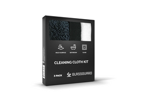 GLASSGUARD Cleaning Cloth Kit with environmentally friendly cleaning cloths, including a multi-surface cloth, a bathroom cloth, and a specialist glass cloth. 