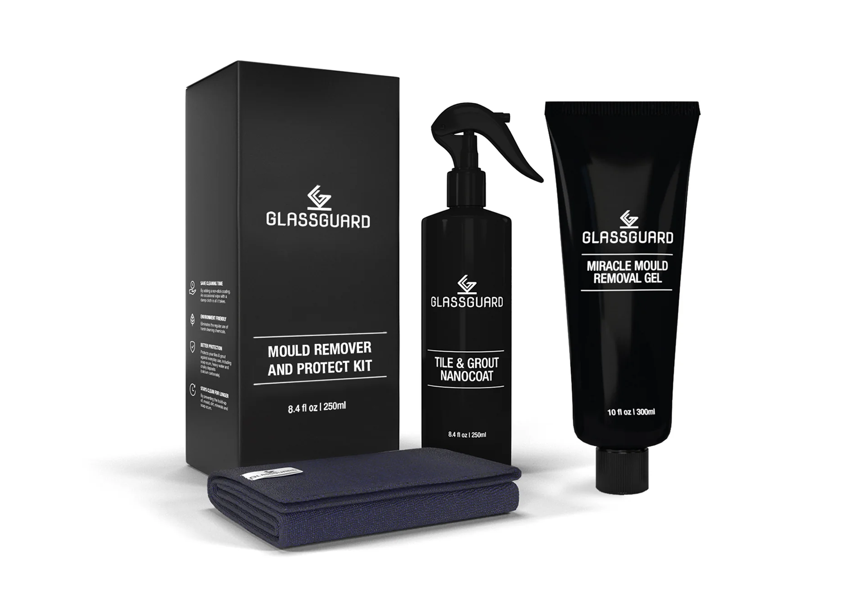 GLASSGUARD Mould Remover & Protect Bundle with Miracle Mould Removal Gel and Tile & Grout Nanocoat. Removes mould, prevents regrowth, and provides long-term surface protection.