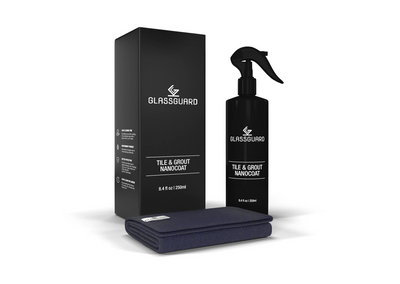 GLASSGUARD Tile & Grout Nanocoat Kit, a protective solution that creates a non-stick barrier on tiles and grout, repelling water, grime, and soap scum. Designed to prevent stains, mould, and aging while making surfaces easier to clean. Simple spray-on application lasts for 5+ years.